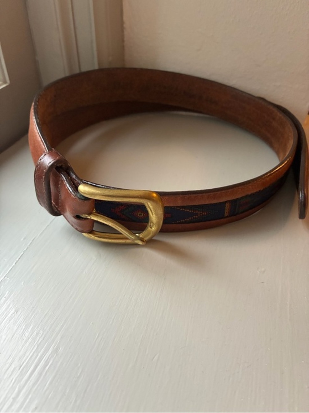 Vintage Brown Leather Belt Aztec Southwestern Woven Fabric Geometric